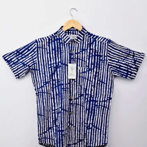 White & Navy Blue Lining Half-Sleeves Shirt