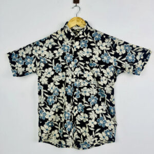 White & Navy Blue Lining Half-Sleeves Shirt