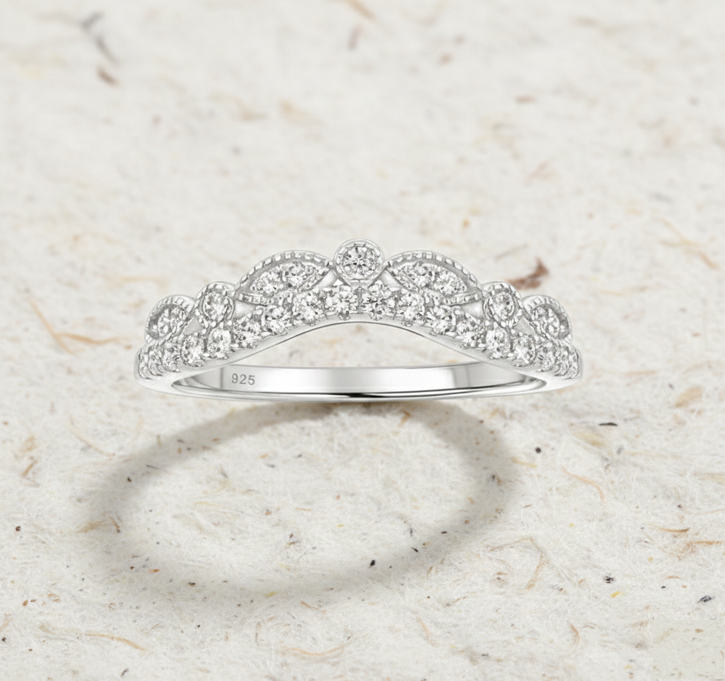Vintage Curved Wedding Band Women, CZ Marquise Matching Band, Unique Tiara Ring, Art Deco Chevron Stacking Band - Image 4