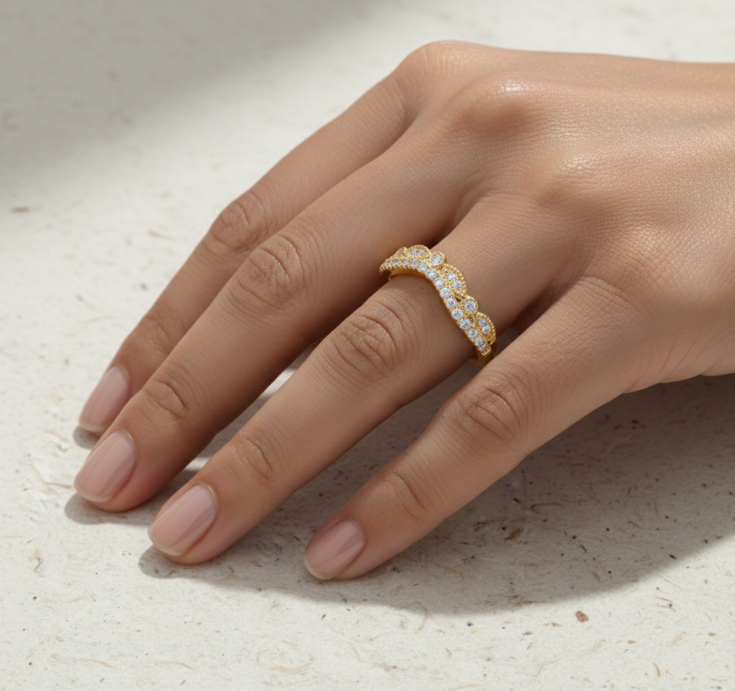 Vintage Curved Wedding Band Women, CZ Marquise Matching Band, Unique Tiara Ring, Art Deco Chevron Stacking Band - Image 3