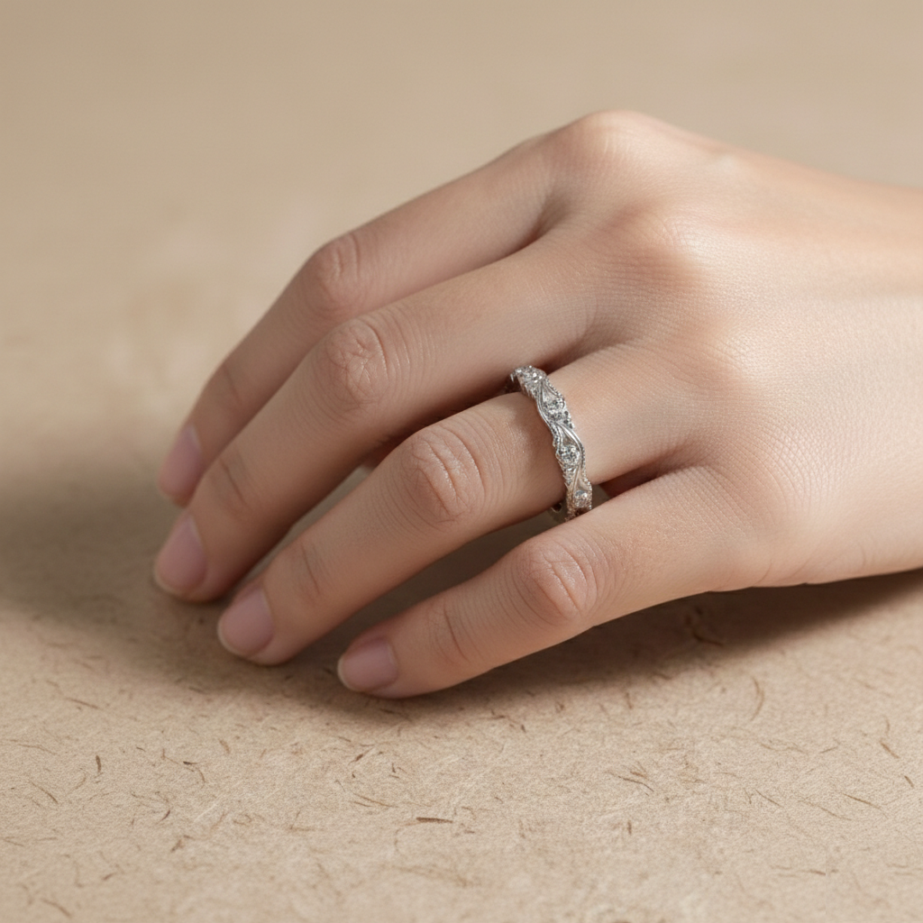 Handcrafted Silver Filigree Wedding Band for Women, Vintage Style Floral Eternity Ring, Recycled 925 Sterling Silver Dainty Stacking Ring - Image 3