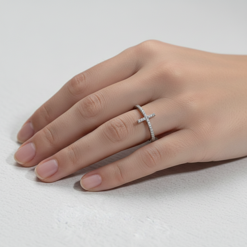 925 Sterling Silver Sideways Cross Ring for Women - Sparkling Cubic Zirconia Religious Jewelry - Minimalist Dainty Faith Gift - Image 3