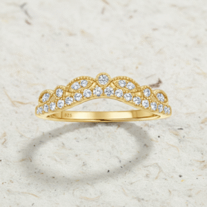 Vintage Curved Wedding Band Women, CZ Marquise Matching Band, Unique Tiara Ring, Art Deco Chevron Stacking Band