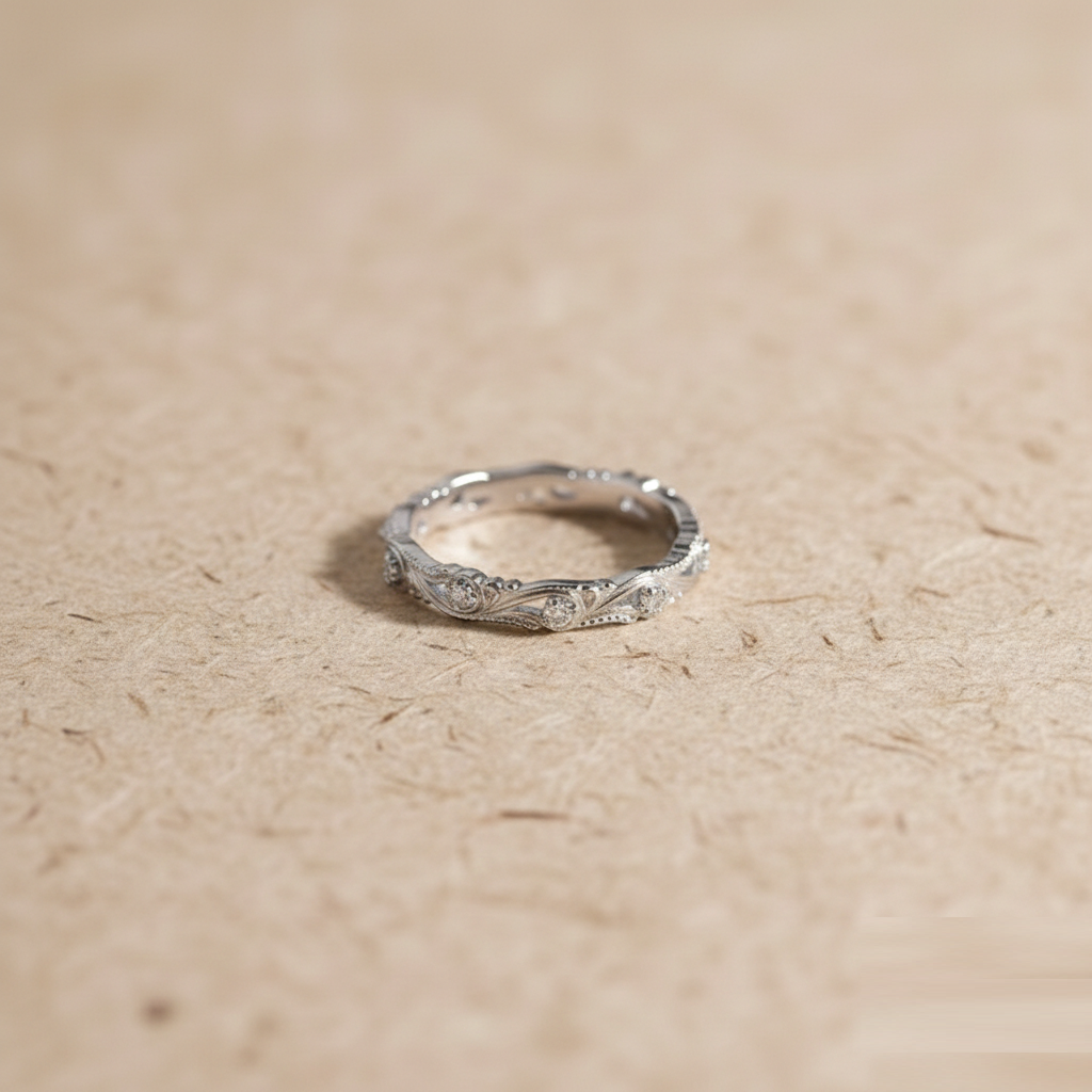 Handcrafted Silver Filigree Wedding Band for Women, Vintage Style Floral Eternity Ring, Recycled 925 Sterling Silver Dainty Stacking Ring