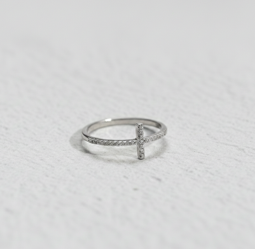 925 Sterling Silver Sideways Cross Ring for Women - Sparkling Cubic Zirconia Religious Jewelry - Minimalist Dainty Faith Gift