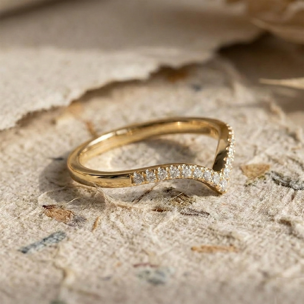 Dainty Chevron Ring in Gold Plated Silver, V Shaped Curved Wedding Band, Minimalist Stacking Ring, Pave Cz Matching Band, Gift for Her