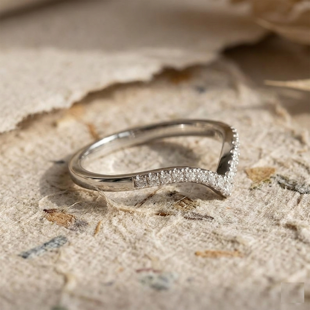Dainty Chevron Ring in Gold Plated Silver, V Shaped Curved Wedding Band, Minimalist Stacking Ring, Pave Cz Matching Band, Gift for Her - Image 4