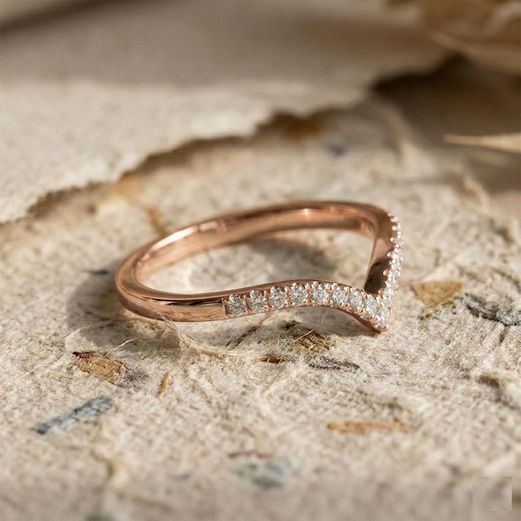 Dainty Chevron Ring in Gold Plated Silver, V Shaped Curved Wedding Band, Minimalist Stacking Ring, Pave Cz Matching Band, Gift for Her - Image 3