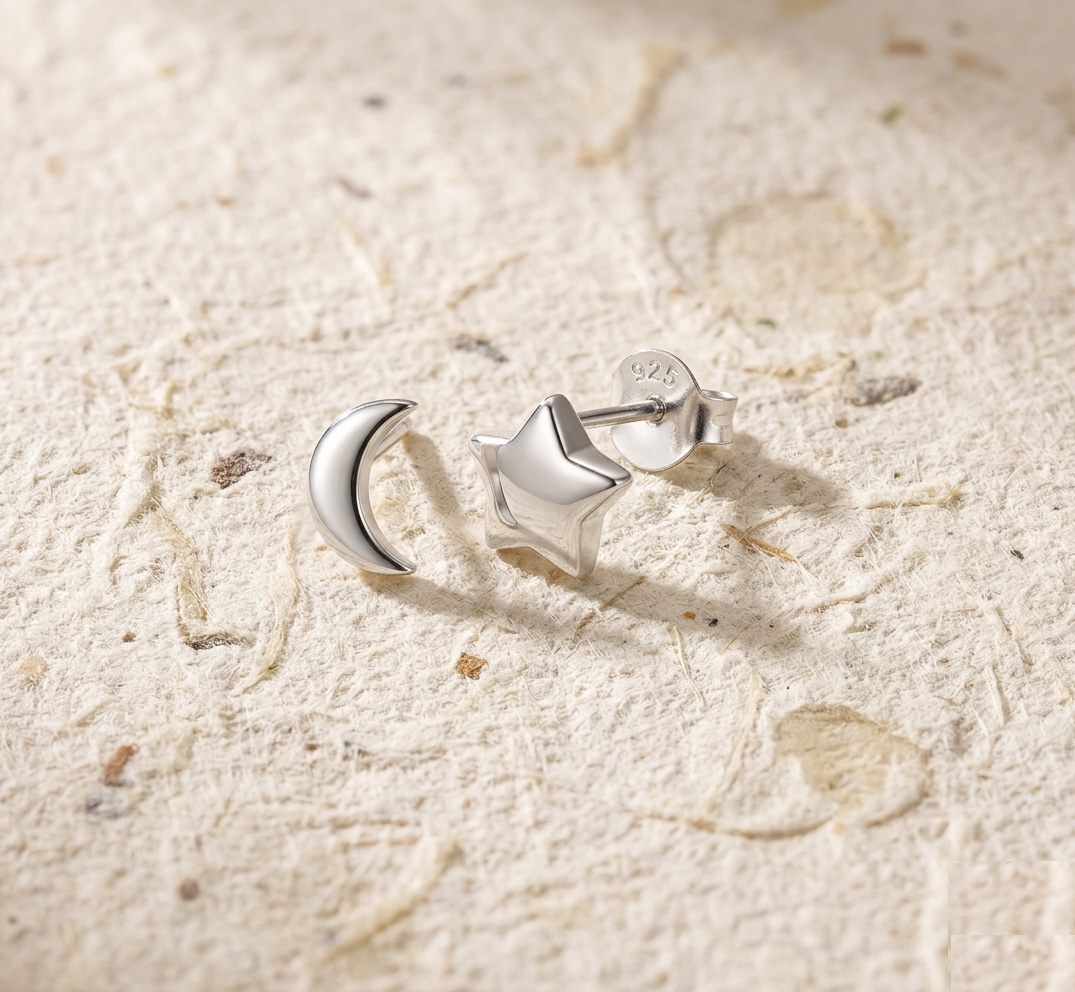 Tiny Moon & Star Stud Earrings in 925 Sterling Silver, Mismatched Celestial Earrings, Minimalist Dainty Studs, Second Piercing Gift for Her - Image 5
