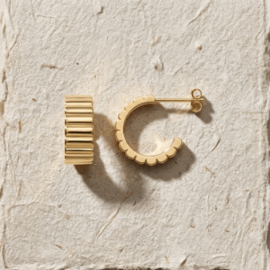 Gold Ribbed Hoop Earrings, Scalloped Chunky Hoops, 925 Sterling Silver Half Hoops ,Minimalist Geometric Earrings Textured Huggies Gift Her