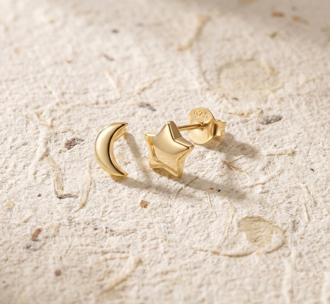 Tiny Moon & Star Stud Earrings in 925 Sterling Silver, Mismatched Celestial Earrings, Minimalist Dainty Studs, Second Piercing Gift for Her