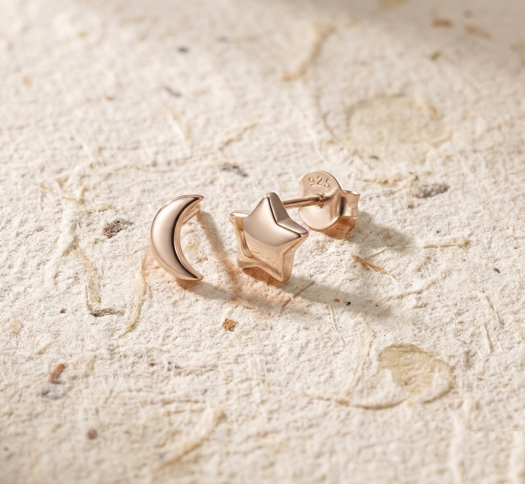 Tiny Moon & Star Stud Earrings in 925 Sterling Silver, Mismatched Celestial Earrings, Minimalist Dainty Studs, Second Piercing Gift for Her - Image 2
