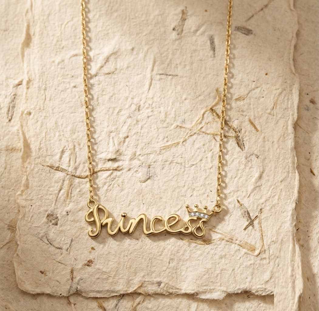 925 Sterling Silver Princess Necklace, Crown Jewelry for Her - Royal Script Pendant Necklace - Gift for Daughter, Bridesmaids