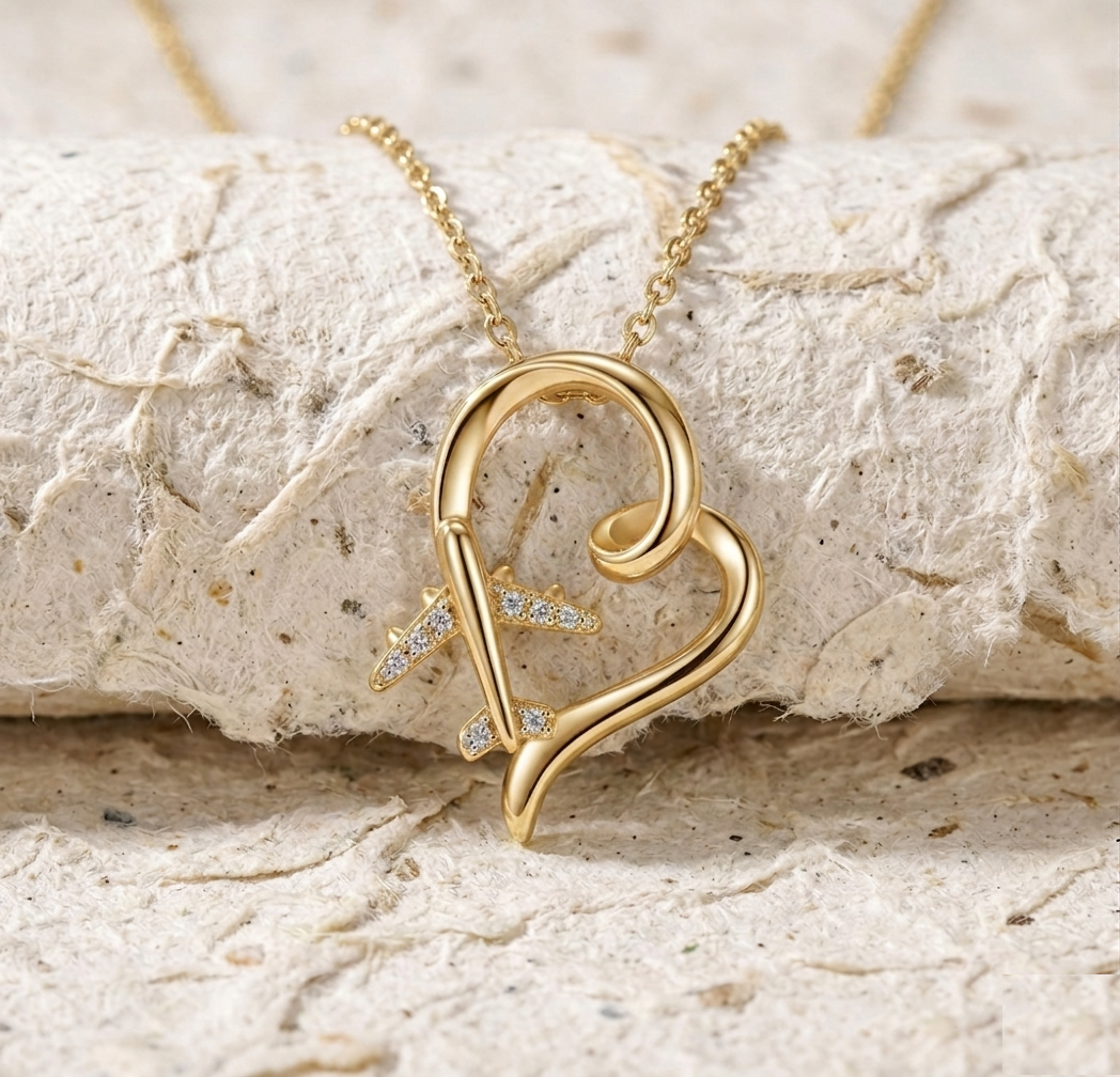 Airplane Heart Necklace 925 Sterling Silver, Travel Lover Gift, Dainty Heart Pendant, Jetsetter Jewelry, Wanderlust Gift for Her, Pilot Gift