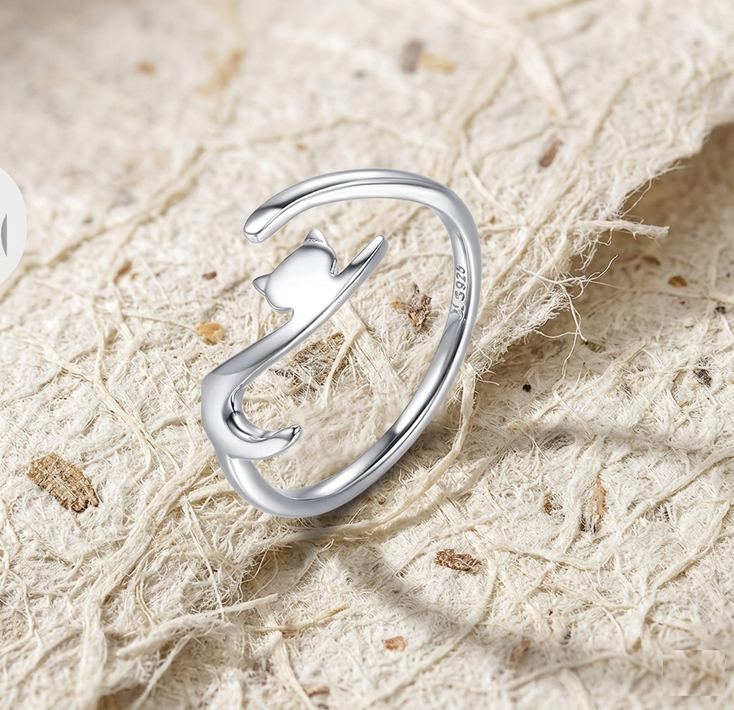 Minimalist Cat Ring in 925 Sterling Silver, Dainty Kitten Wrap Ring, Modern Animal Jewelry for Her, Adjustable Ring, Simple Pet Lover Gift - Image 5