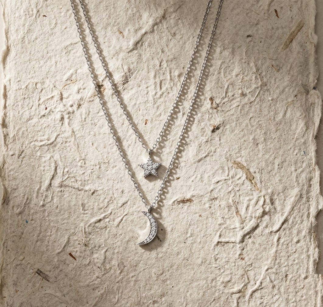 Sterling Silver Celestial Double Layer Necklace, Star and Crescent Moon Pendants, Minimalist Layered Jewelry for Women, Dainty Galaxy Gift - Image 5
