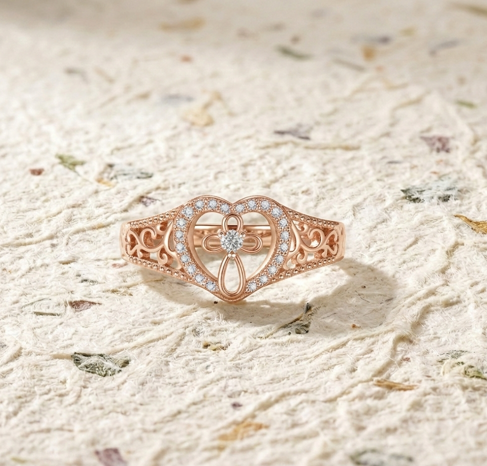 925 Sterling Silver Open Heart Cross Ring with Accent Cubic Zirconia, Religious Infinity Filigree Band for Her - Image 5