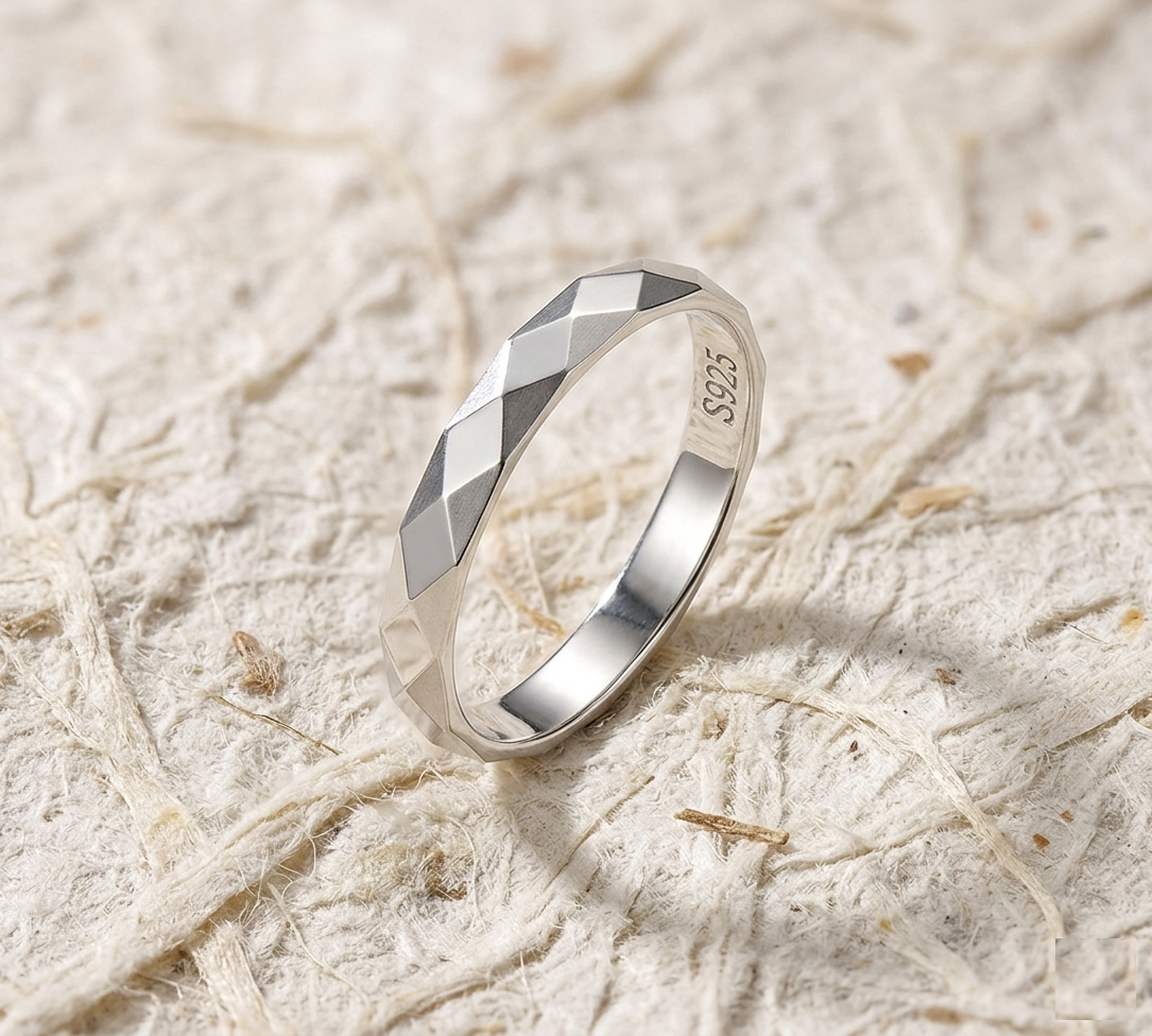Handmade Sterling Silver Faceted Band Ring, Minimalist Geometric Diamond Cut Wedding Ring, Unisex Stacking Thumb Ring, Gift for Him or Her - Image 5