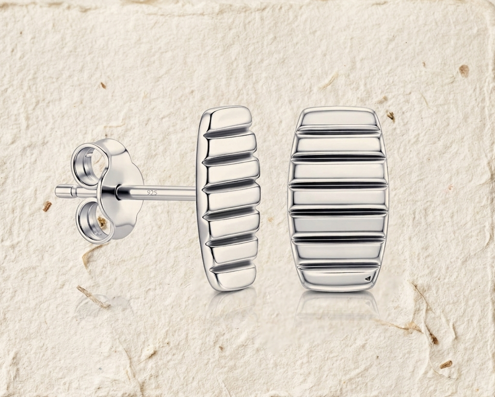 Handcrafted 925 Sterling Silver Ribbed Stud Earrings - Minimalist Geometric Unisex Jewelry - Image 5