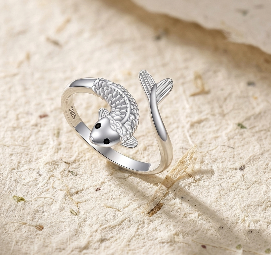 925 Sterling Silver Fish Ring, Adjustable Koi Carp Ring for Women, Dainty Animal Jewelry, Lucky Fish Wrap Ring, Minimalist Statement Gift - Image 5