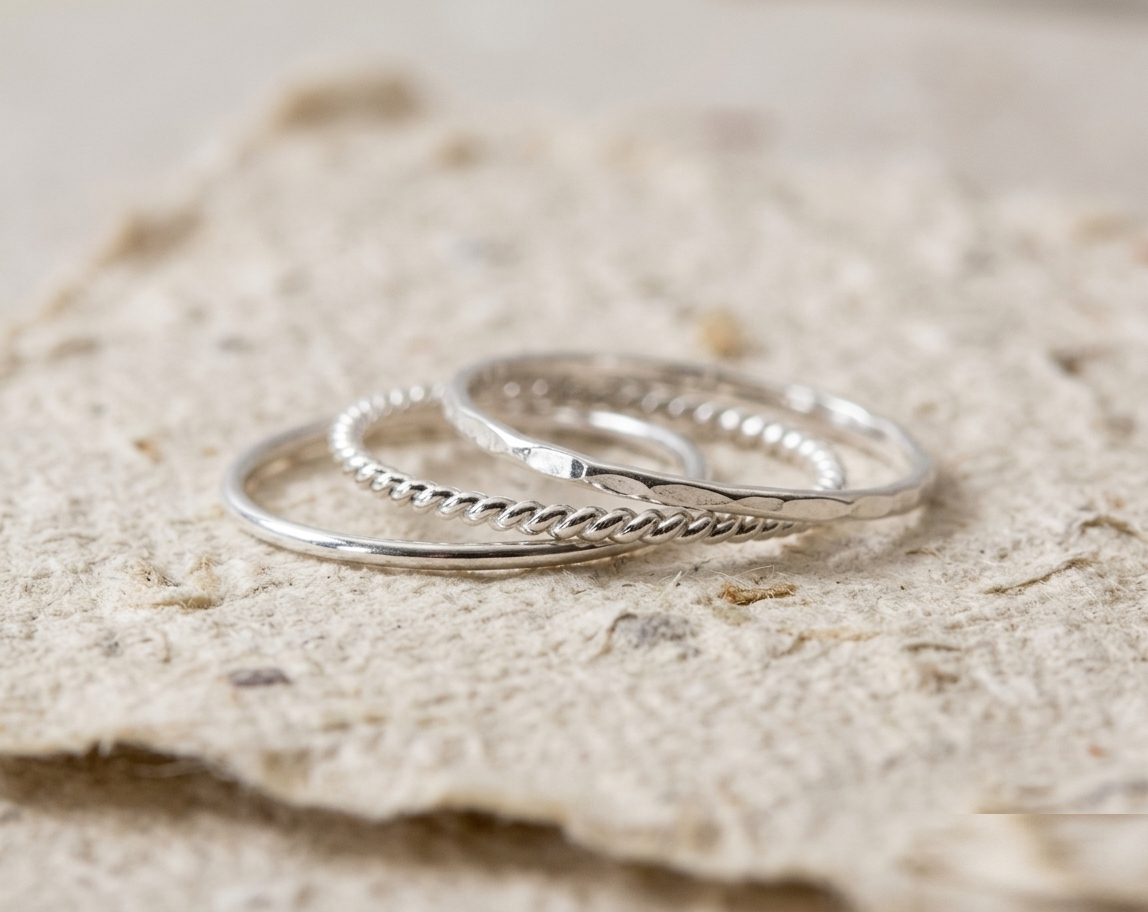 925 Sterling Silver Stacking Rings Set, Minimalist Silver Band Ring, Dainty Twisted Rope Ring, Hammered Silver Ring, Delicate Jewelry Gift - Image 5