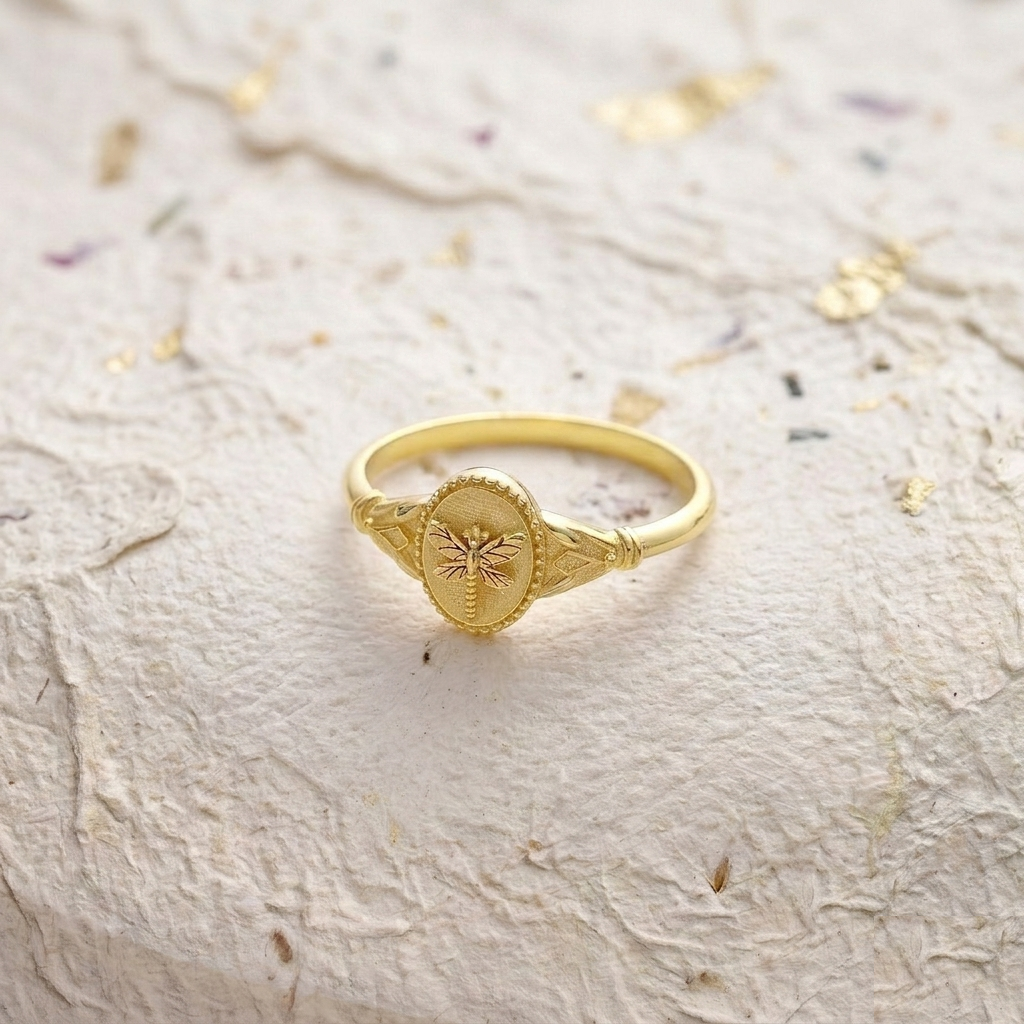 Gold Dragonfly Ring, Dainty Oval Signet Ring, 925 Sterling Silver Nature Inspired Jewelry, Minimalist Insect Ring, Statement Gift for Her