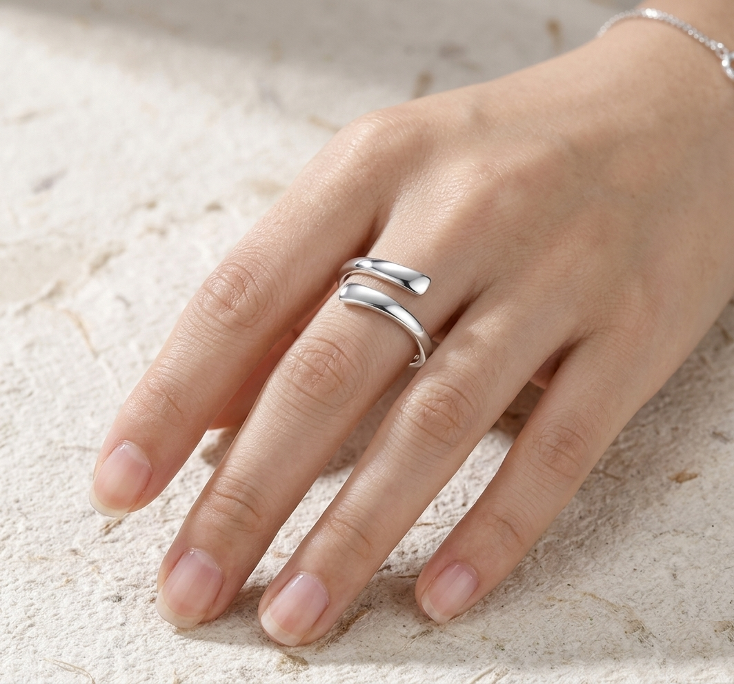 Minimalist Bypass Ring, Dainty Open Wrap Ring, Adjustable Silver Stacking Ring for Women, Geometric Statement Jewelry - Image 4