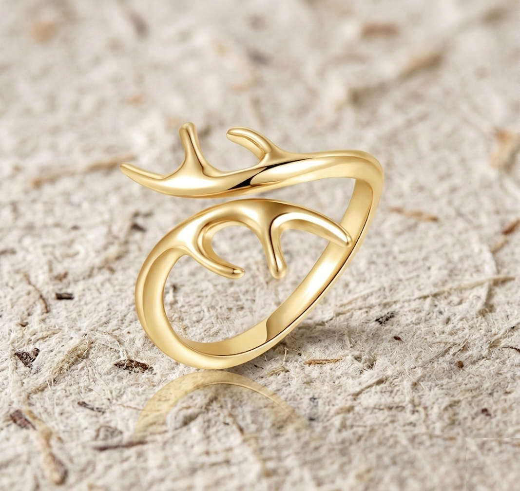 Antler Ring, Deer Horn Wrap Ring, Gold Antler Jewelry, Adjustable Animal Ring, Nature Inspired Gift for Her, Minimalist Forest Ring