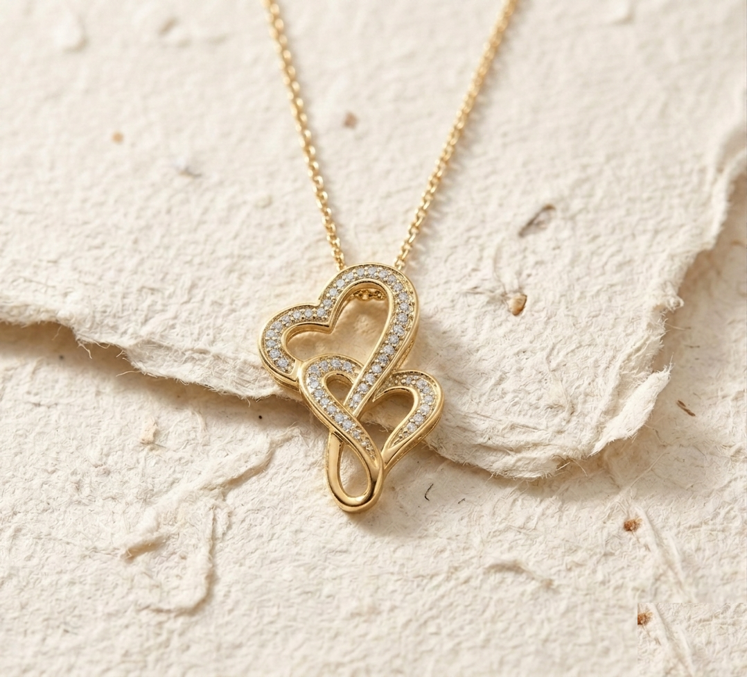 Double Heart Necklace for Women, 925 Sterling Silver Interlocking Heart Pendant, Dainty Diamond Heart Jewelry, Anniversary Gift for Her