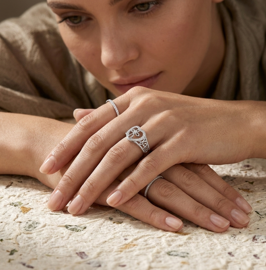 925 Sterling Silver Open Heart Cross Ring with Accent Cubic Zirconia, Religious Infinity Filigree Band for Her - Image 3