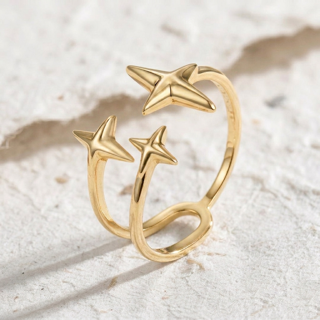 North Star Open Ring in 925 Sterling Silver, Dainty Celestial Ring for Women, Adjustable Triple Star Jewelry, Minimalist Stacking Band