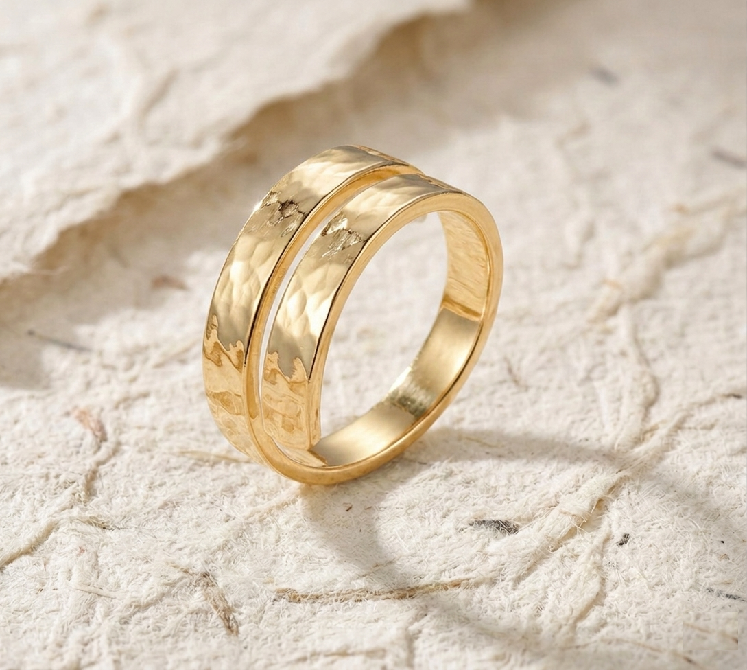 Handmade Hammered Gold Ring for Women - Wide Band Ring - Textured Statement Ring - Minimalist Jewelry - Adjustable Wrap Ring