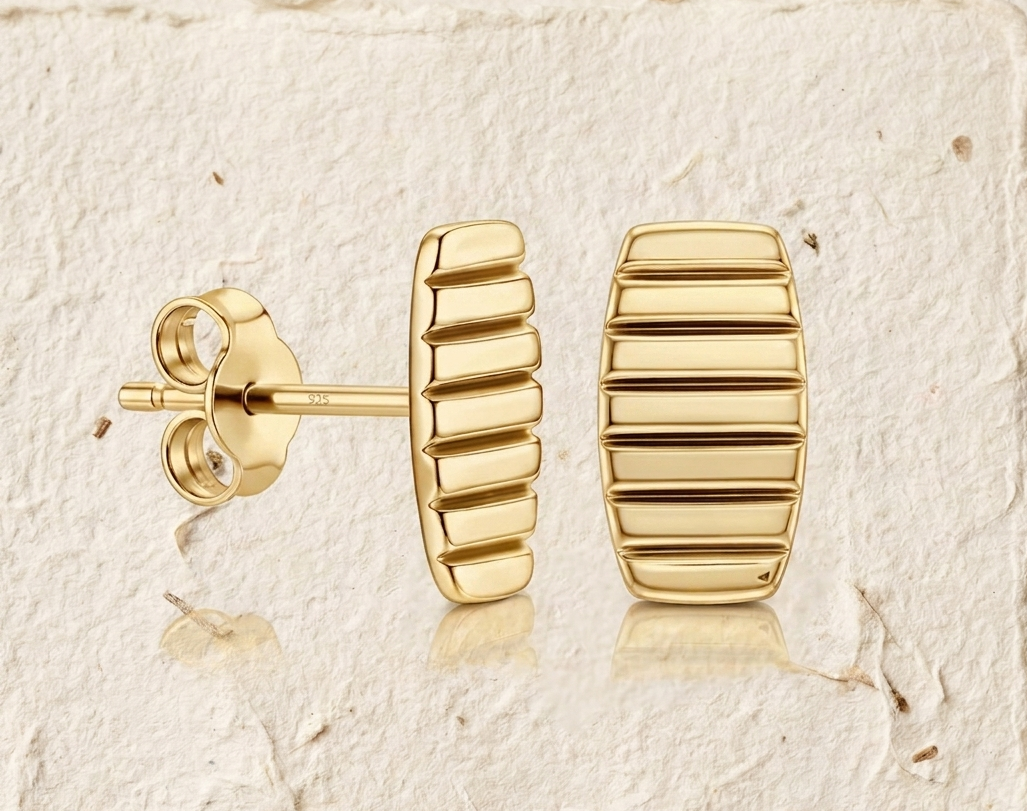 Handcrafted 925 Sterling Silver Ribbed Stud Earrings - Minimalist Geometric Unisex Jewelry