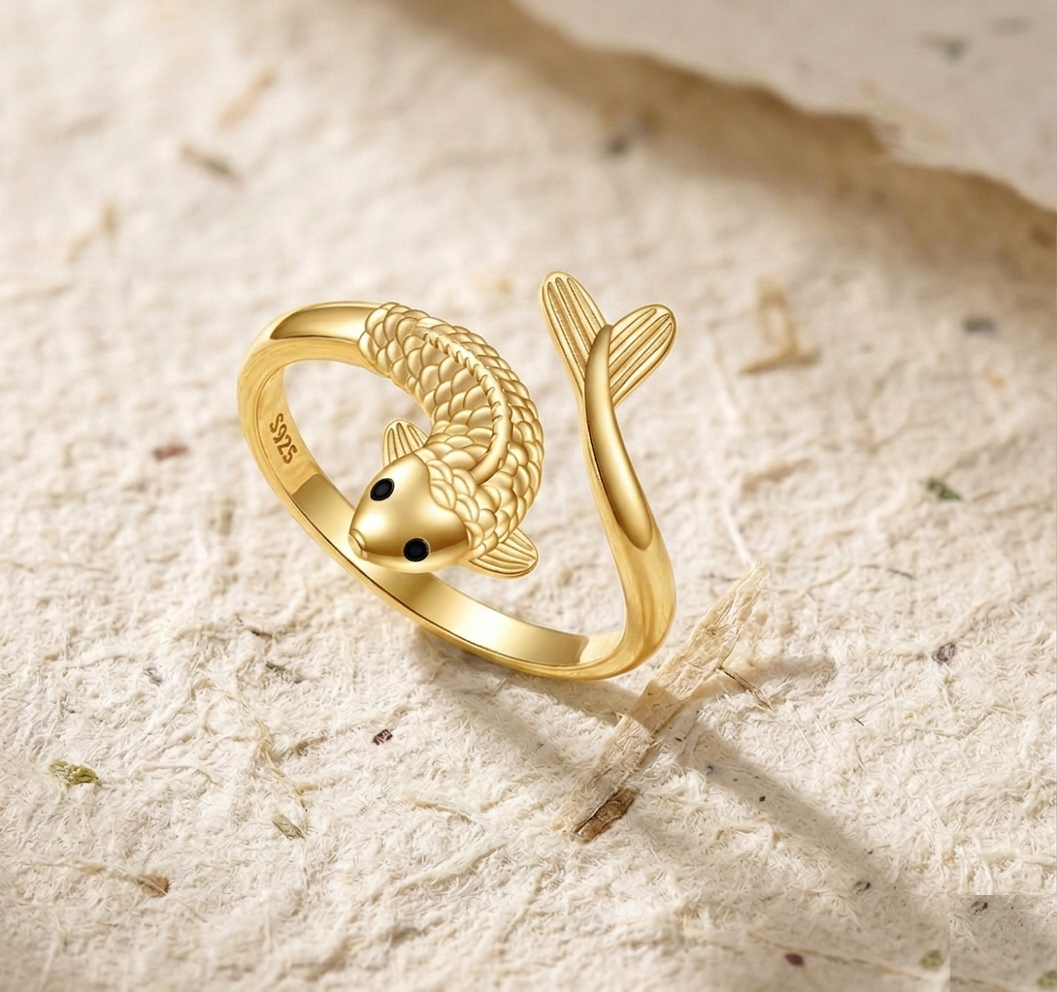 925 Sterling Silver Fish Ring, Adjustable Koi Carp Ring for Women, Dainty Animal Jewelry, Lucky Fish Wrap Ring, Minimalist Statement Gift