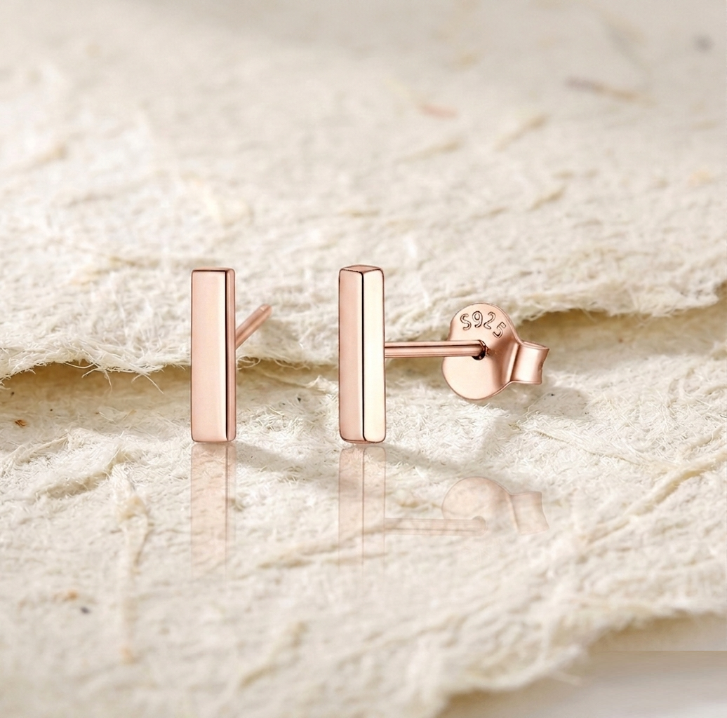 Rose Gold Bar Earrings, 925 Sterling Silver Minimalist Studs, Dainty Geometric Bar Stud Earrings, Simple Everyday Jewelry, Gift for Her - Image 2