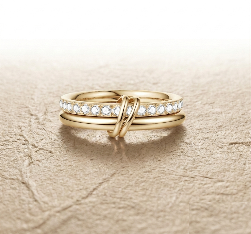 Interlocking Double Band Ring with Cubic Zirconia, Statement Jewelry, Minimalist Linked Bands in Gold, Rose Gold, or Silver