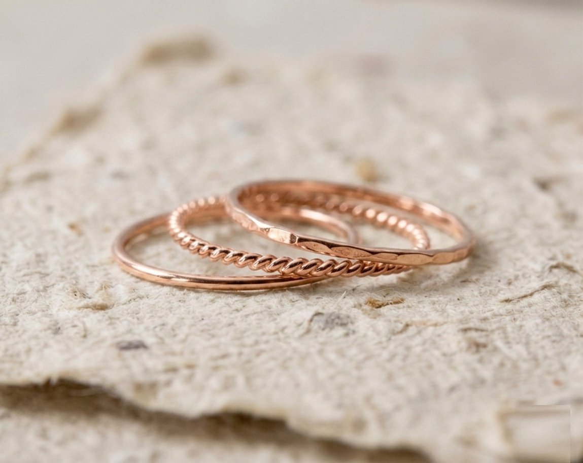 925 Sterling Silver Stacking Rings Set, Minimalist Silver Band Ring, Dainty Twisted Rope Ring, Hammered Silver Ring, Delicate Jewelry Gift - Image 2