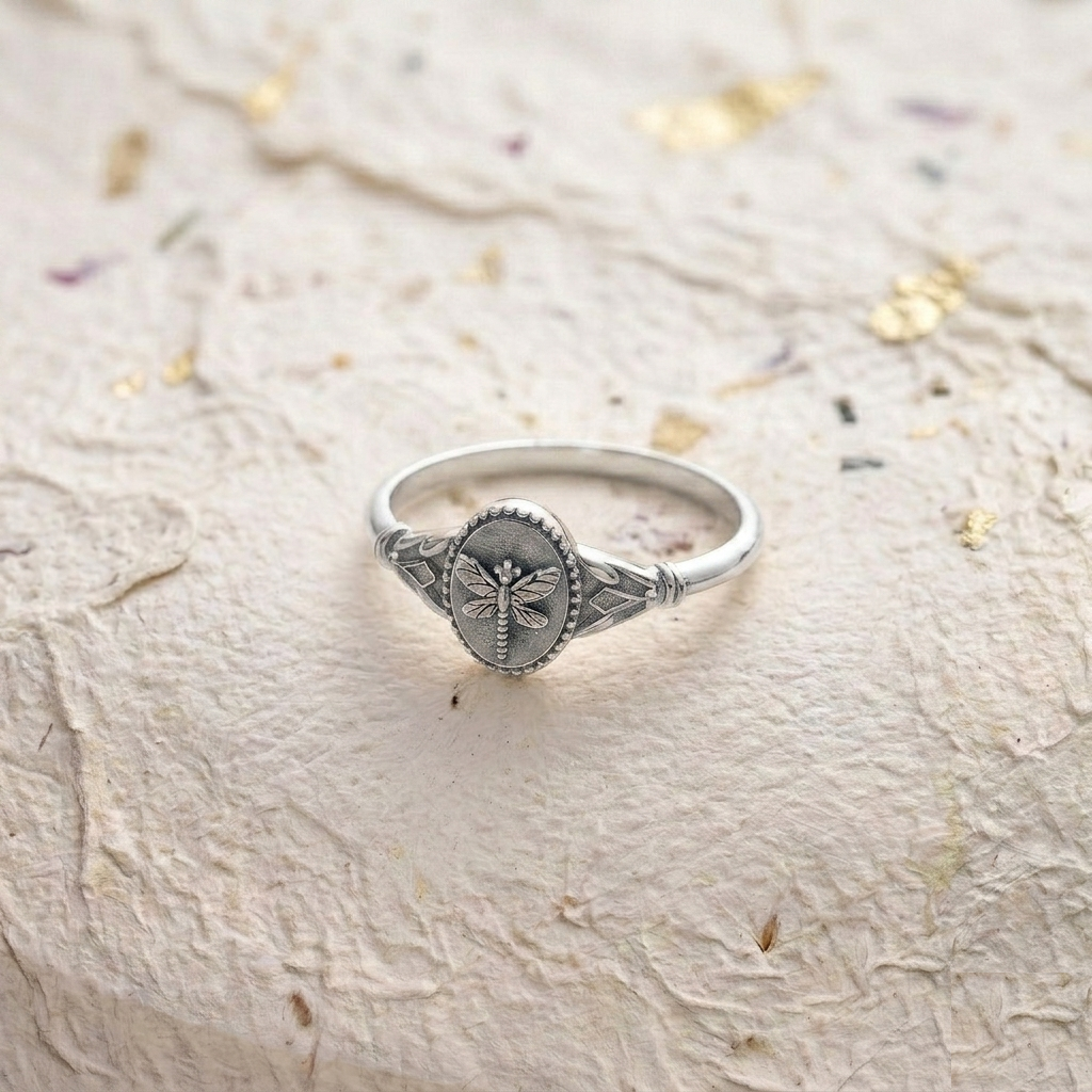 Gold Dragonfly Ring, Dainty Oval Signet Ring, 925 Sterling Silver Nature Inspired Jewelry, Minimalist Insect Ring, Statement Gift for Her - Image 3