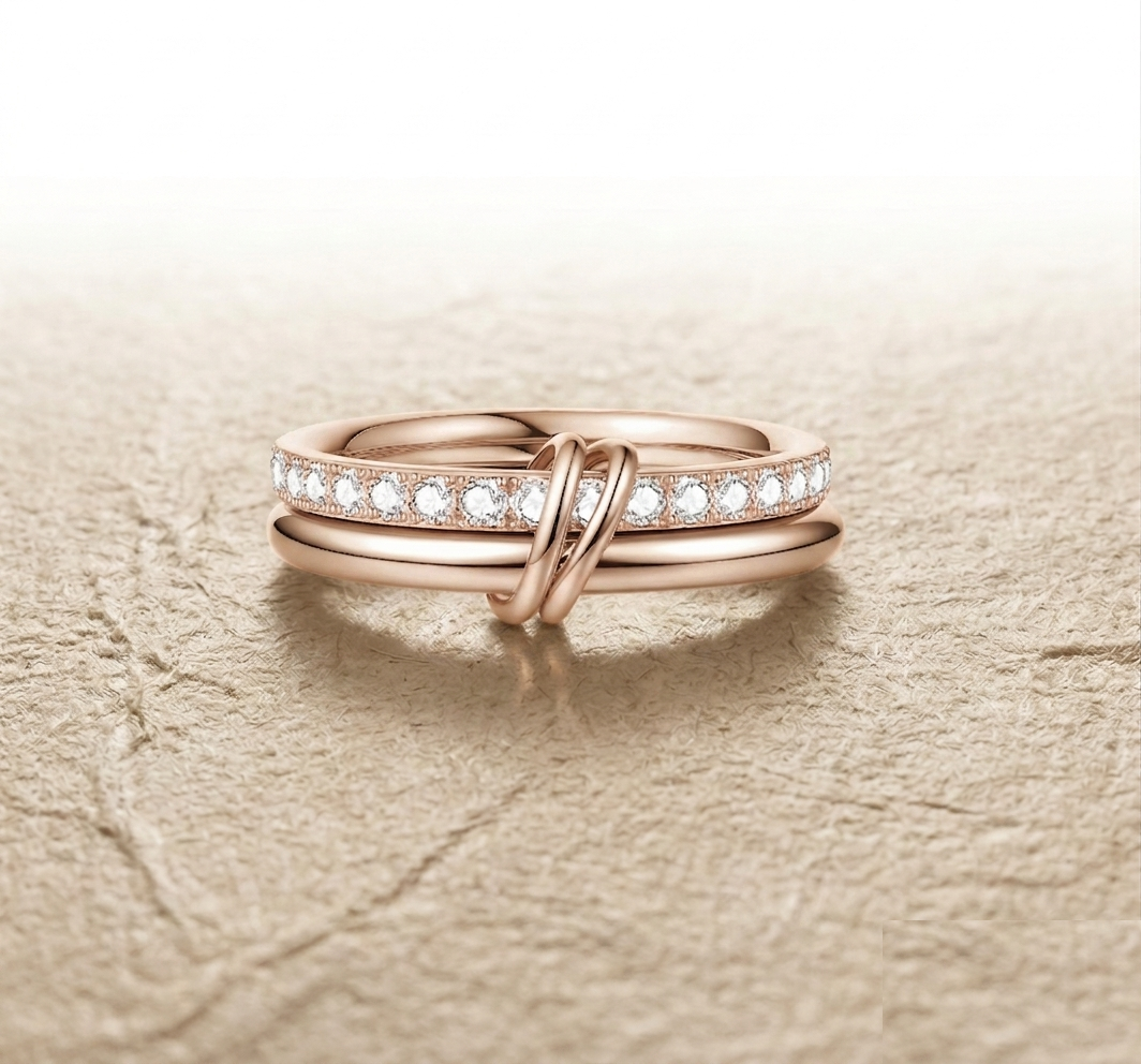 Interlocking Double Band Ring with Cubic Zirconia, Statement Jewelry, Minimalist Linked Bands in Gold, Rose Gold, or Silver - Image 3