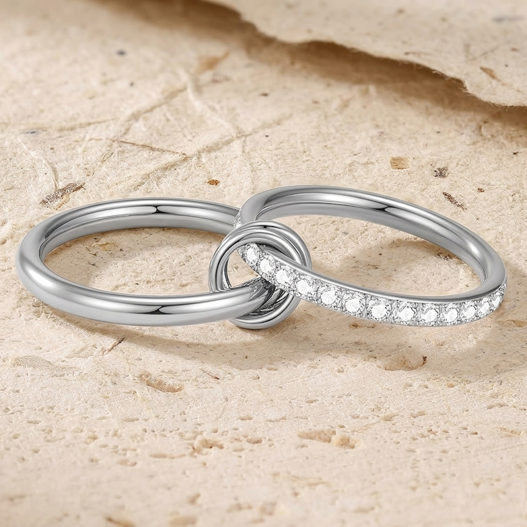 Interlocking Double Band Ring with Cubic Zirconia, Statement Jewelry, Minimalist Linked Bands in Gold, Rose Gold, or Silver - Image 2